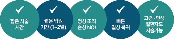 짧은 시술 기간 / 짧은 입원 기간(1~2일) / 정상 조직 손상 NO! / 빠른 일상 복귀 / 고령 · 만성질환자도 시술가능