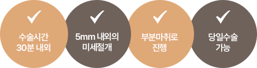수술시간 30분 내외 / 5mm 내외의 미세절개 / 부분마취로 진행 / 당일수술 가능